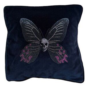 Black Velvet Swarovski Crystal Skull Butterfly Pillow Cover – 20x20